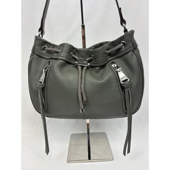 Aimee Kestenberg Grey Leather Crossbody Bag Pockets Zippers Drawstring - Picture 1 of 13
